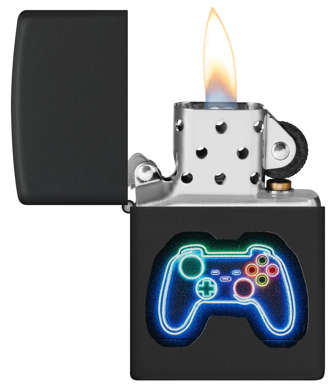 Offenes matt schwarzes Zippo Feuerzeug mit Flamme und Neon Controller Motiv vorne