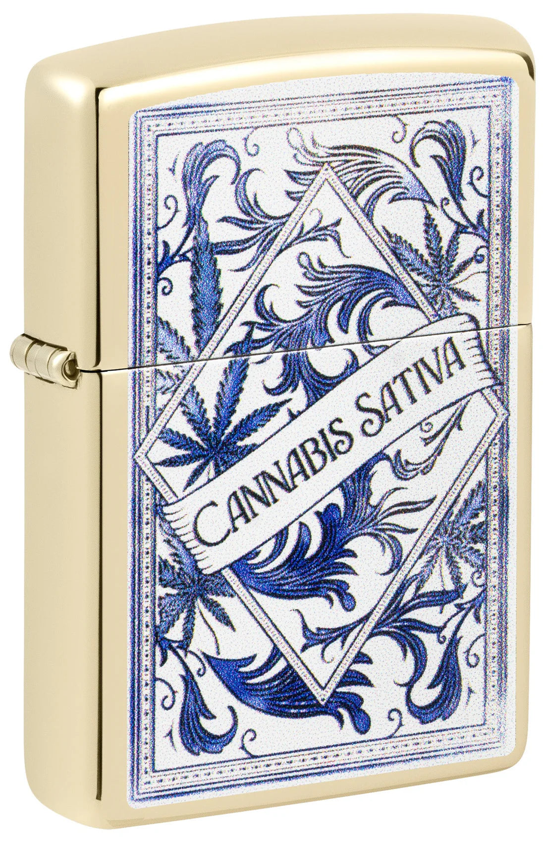 Champagnerfarbenes Zippo mit blau-weissem Motiv und Schriftzug „CANNABIS SATIVA“, geschlossen