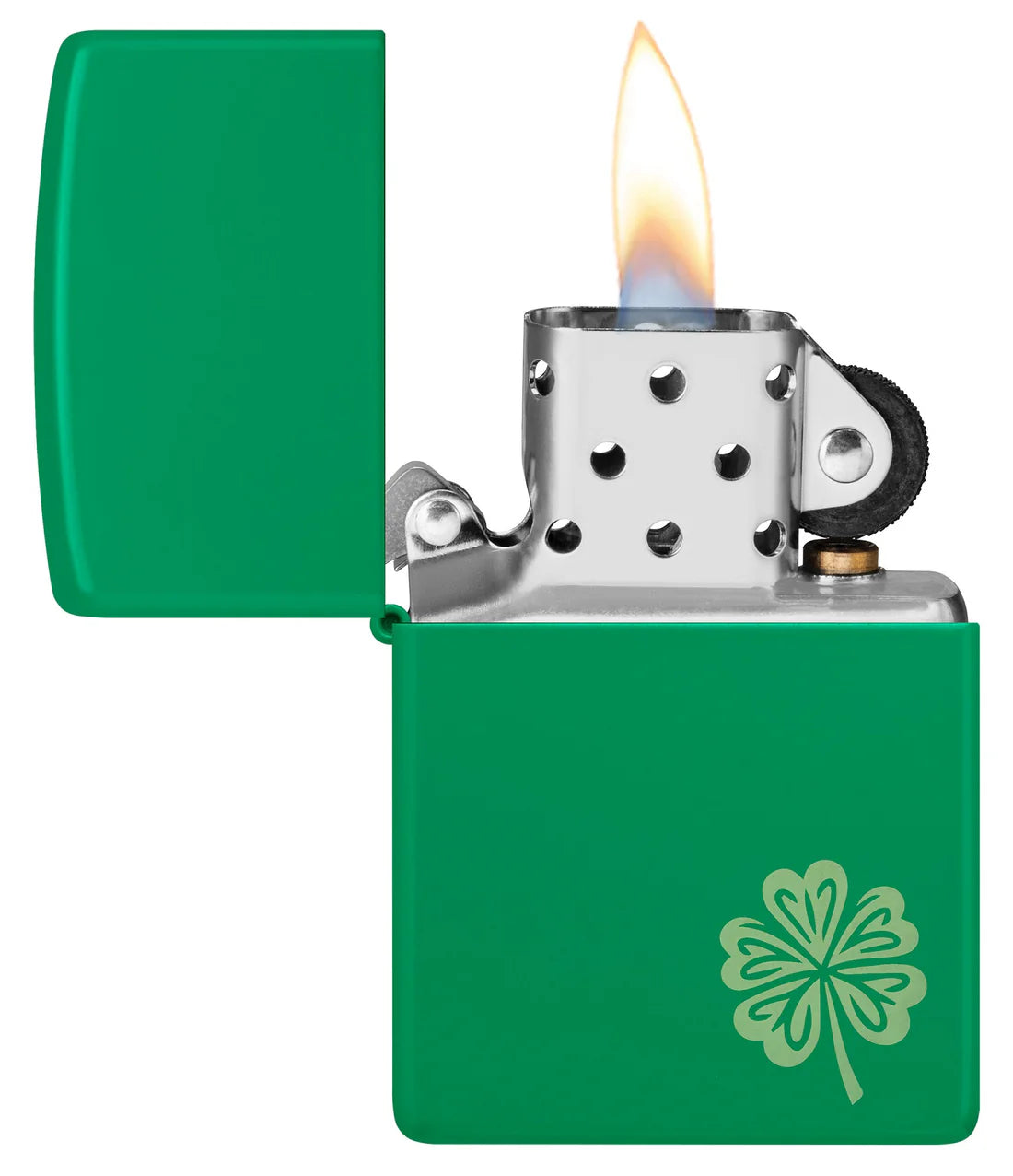 Zippo Feuerzeug in Grün mit Flamme und Kleeblatt-Motiv