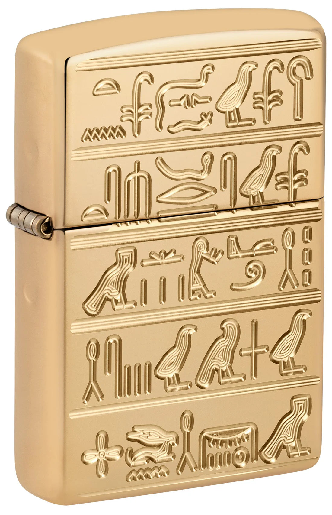 Hochglanz-Messing Zippo Feuerzeug mit tief graviertem Hieroglyphen-Relief, Frontansicht