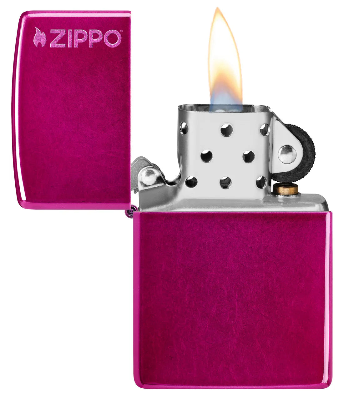 Offenes Zippo Candy-Rasperry Feuerzeug mit Flamme und Logo auf pinkem Gehäuse