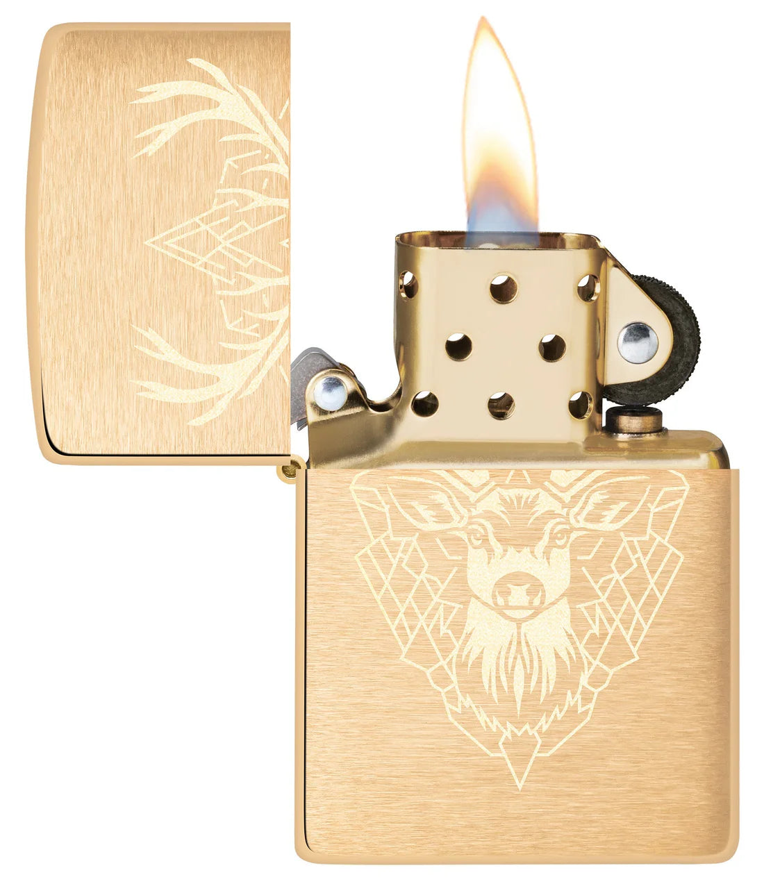 Offenes Zippo Feuerzeug Hirsch mit brennender Flamme
