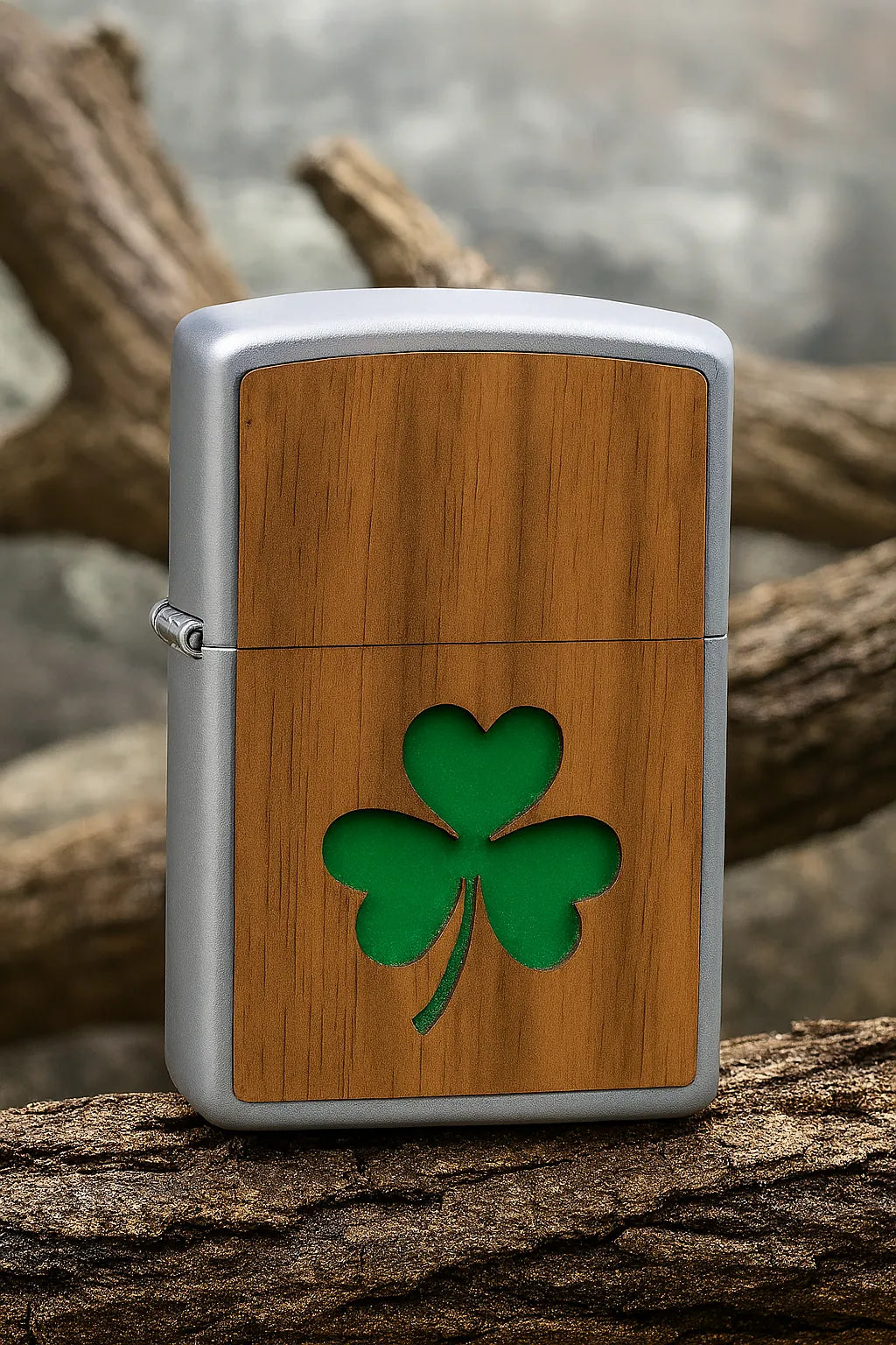 Zippo Benzinfeuerzeug mit Holzdekor und grünem Kleeblatt, stehend auf einem gefällten Baumstamm im Freien.