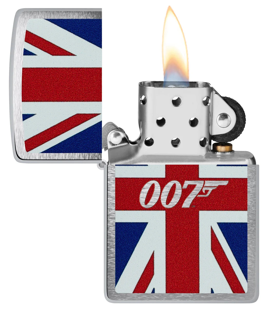 Zippo Feuerzeug James Bond Union Jack geöffnet mit Flamme