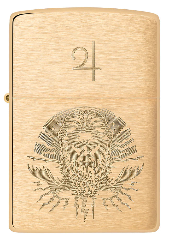 Frontalansicht eines goldenen Zippo-Jupiter-Feuerzeugs.