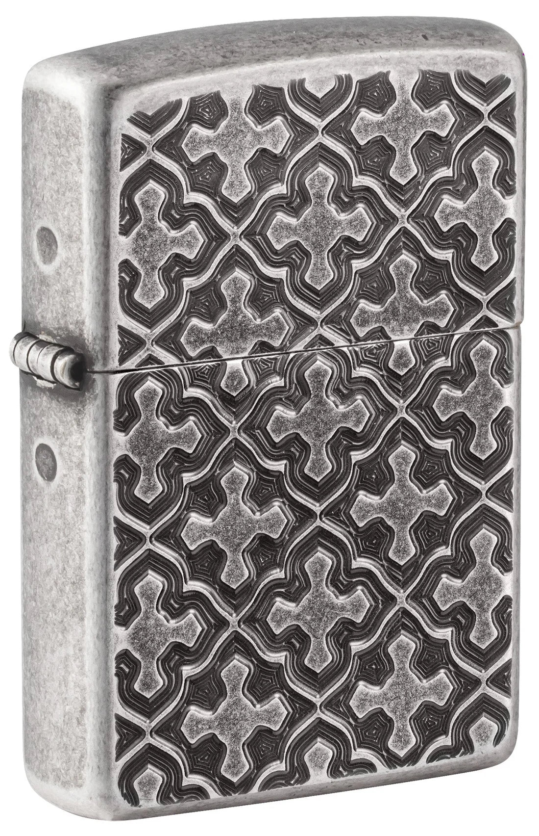 Zippo Armor Antique Silver Feuerzeug mit tief graviertem Kreuzmuster auf Front