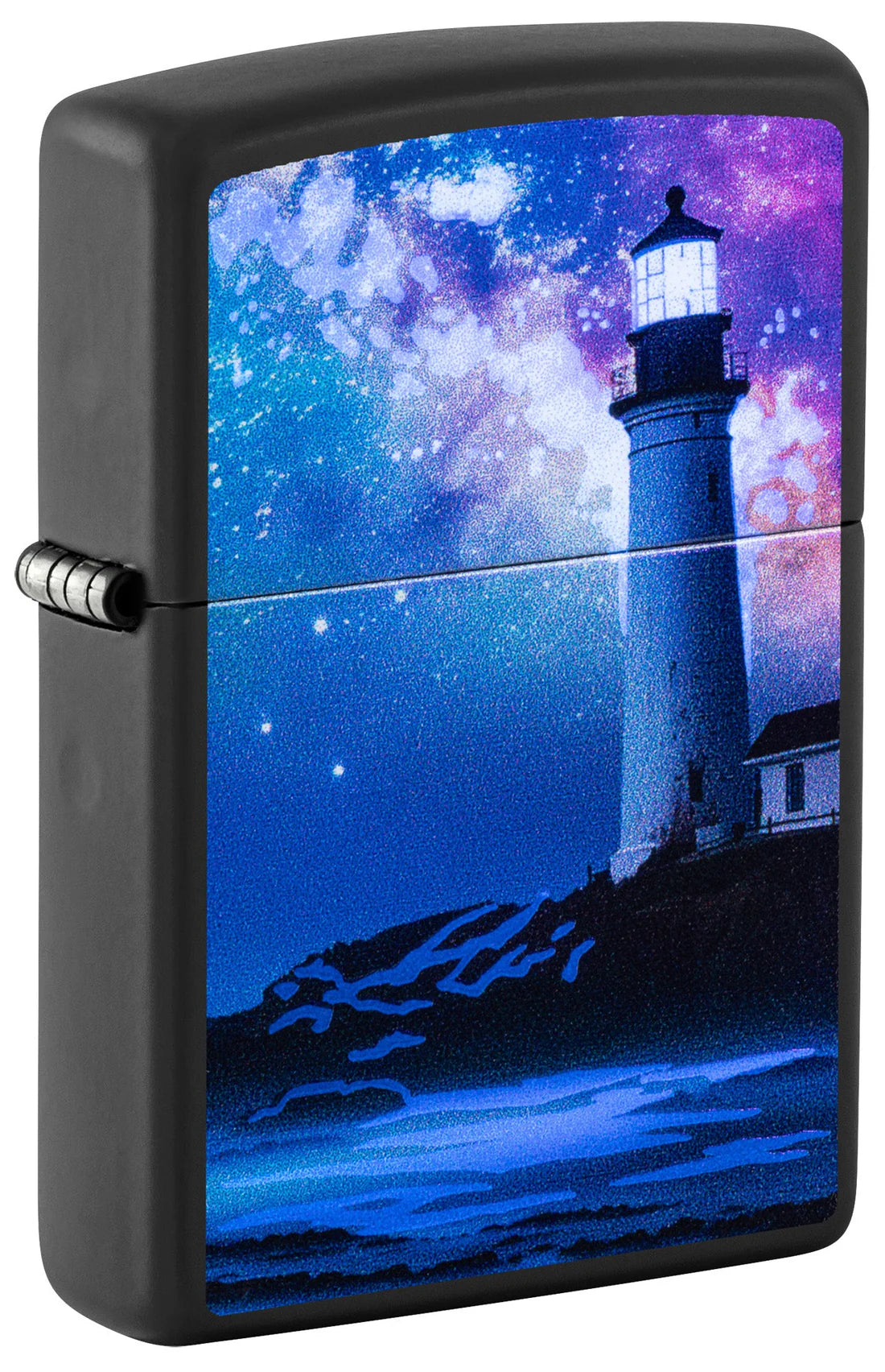 Leuchtturm-Motiv auf schwarzem Zippo Gehäuse mit Black-Light-Effekt in blau leuchtender Darstellung