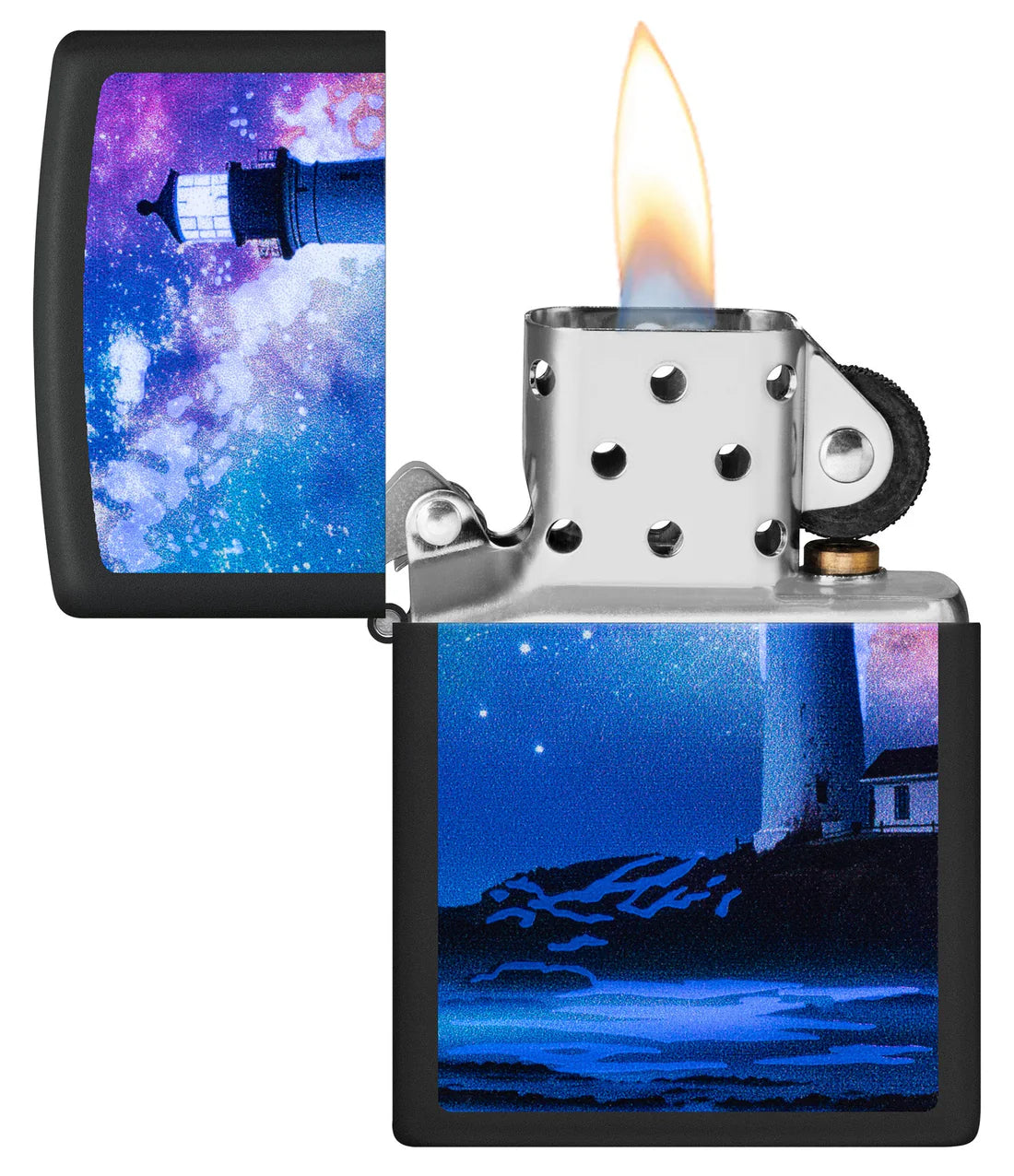 Schwarzes Zippo Feuerzeug mit Leuchtturm-Black-Light-Motiv in Geschenkbox