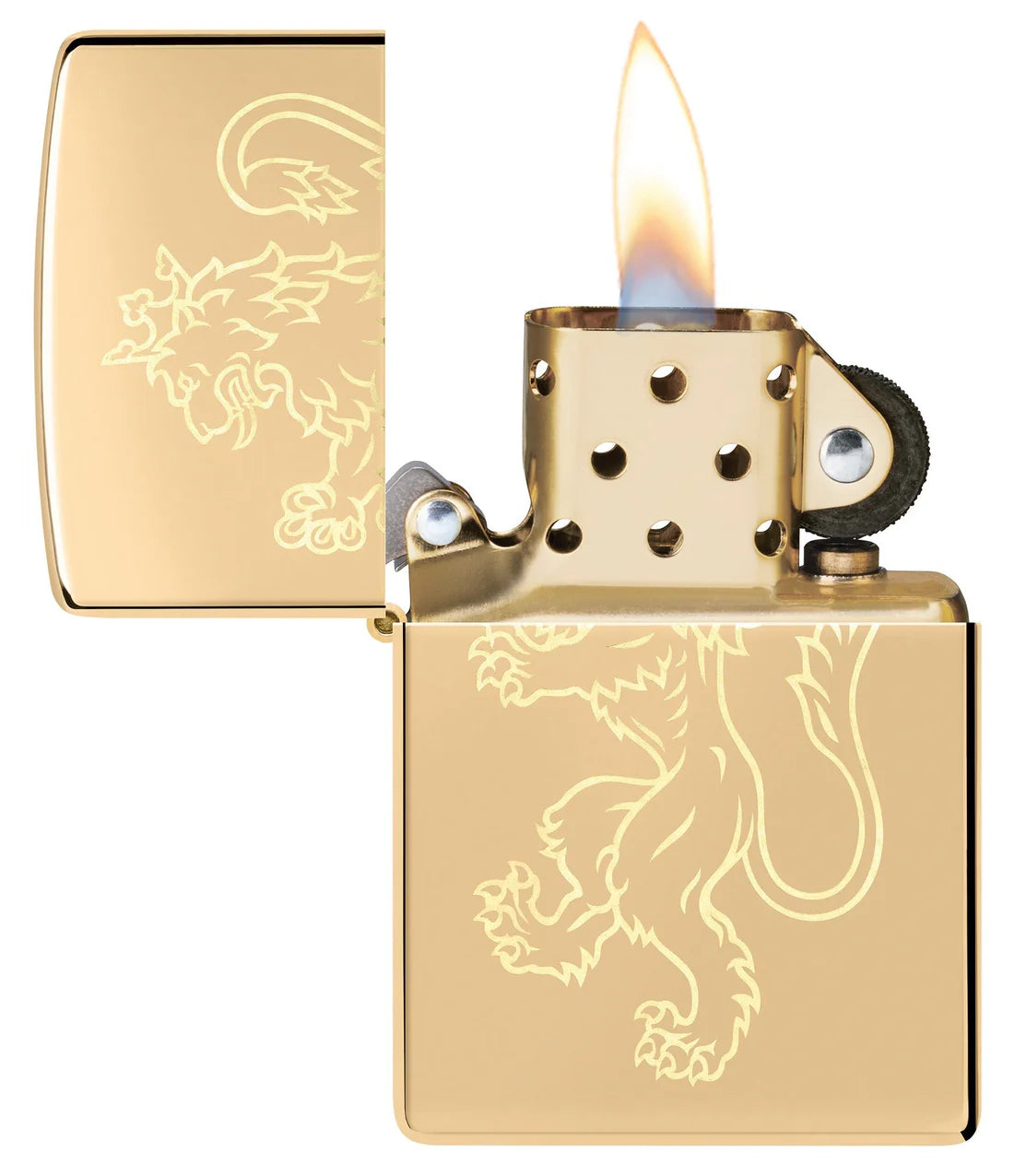 Zippo Feuerzeug in Gold mit Löwen-Gravur, geöffnet und brennend,