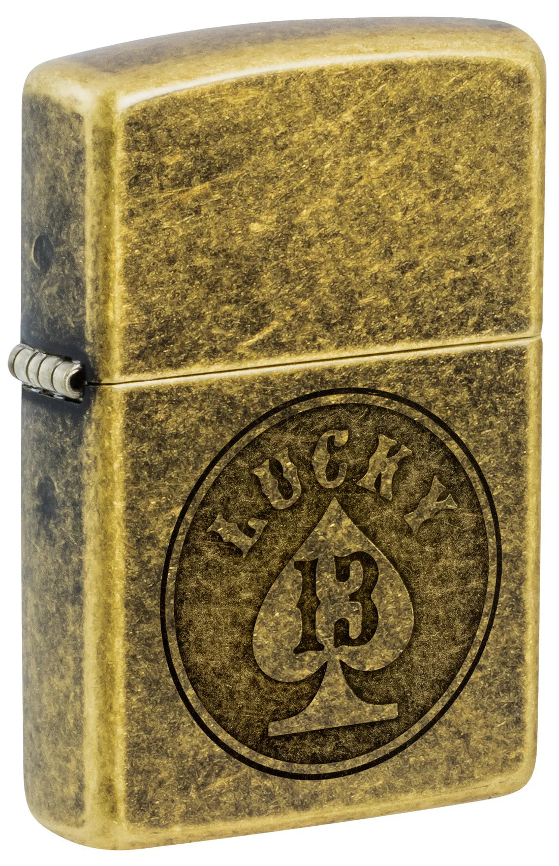 Zippo Feuerzeug in Antik Brass mit Lucky 13 Pik Emblem, Frontansicht