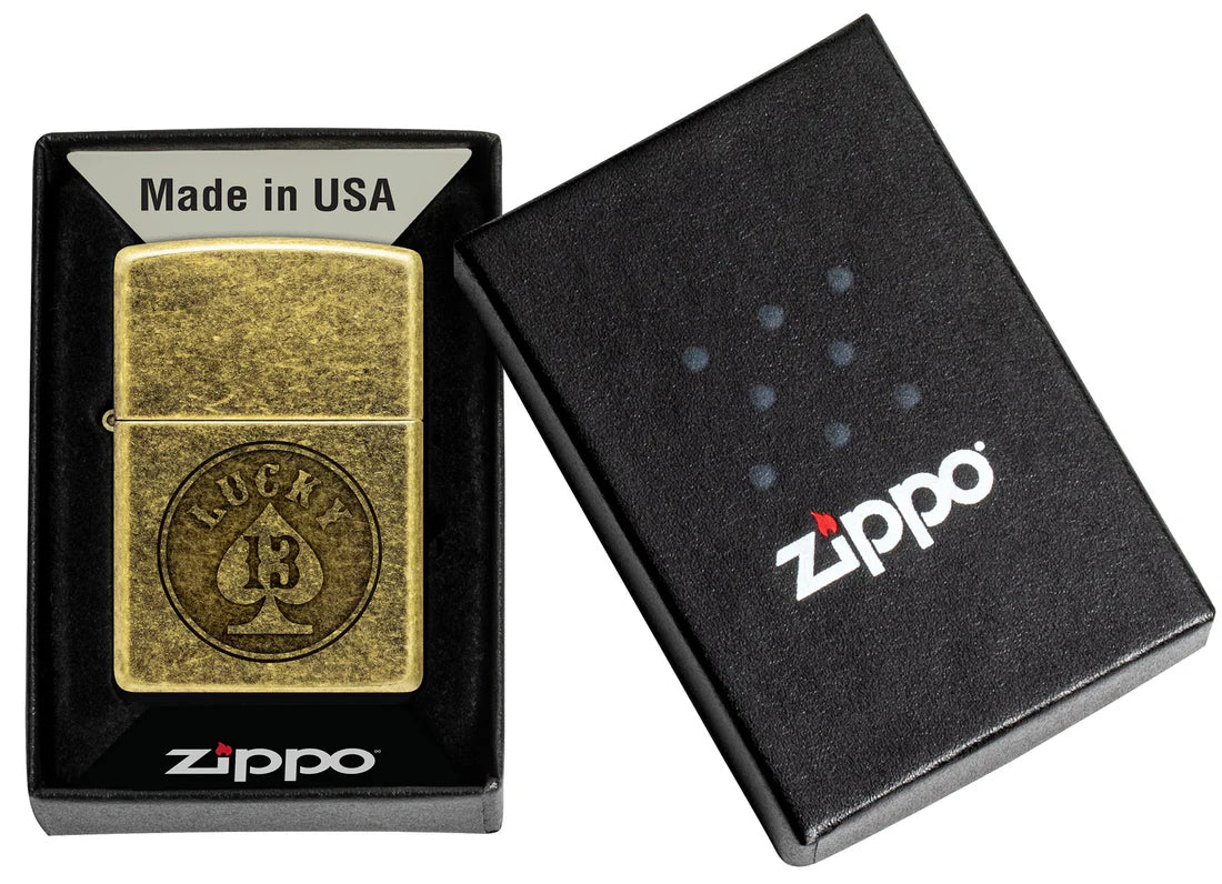 Zippo Feuerzeug in Geschenkverpackung one box, Zippo Box mit Lucky 13 Design sichtbar