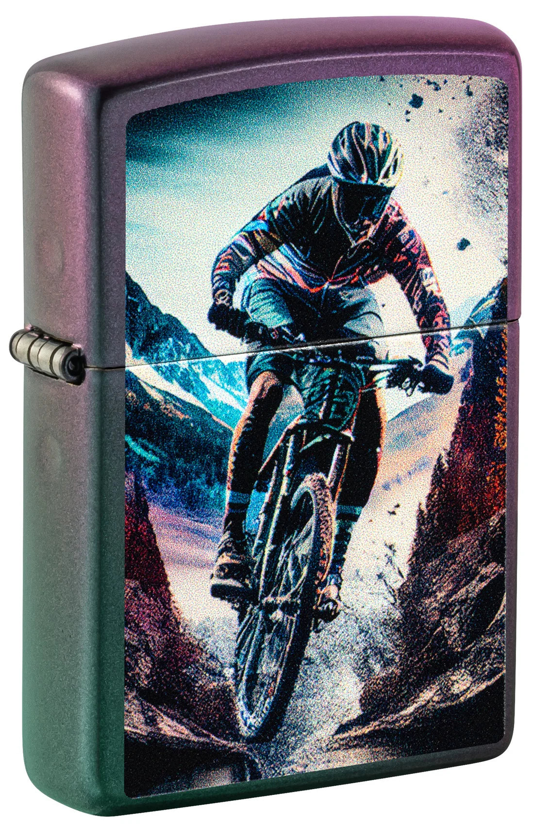 Zippo Feuerzeug mit irisierendem Finish und Mountainbike Action Motiv, Frontansicht