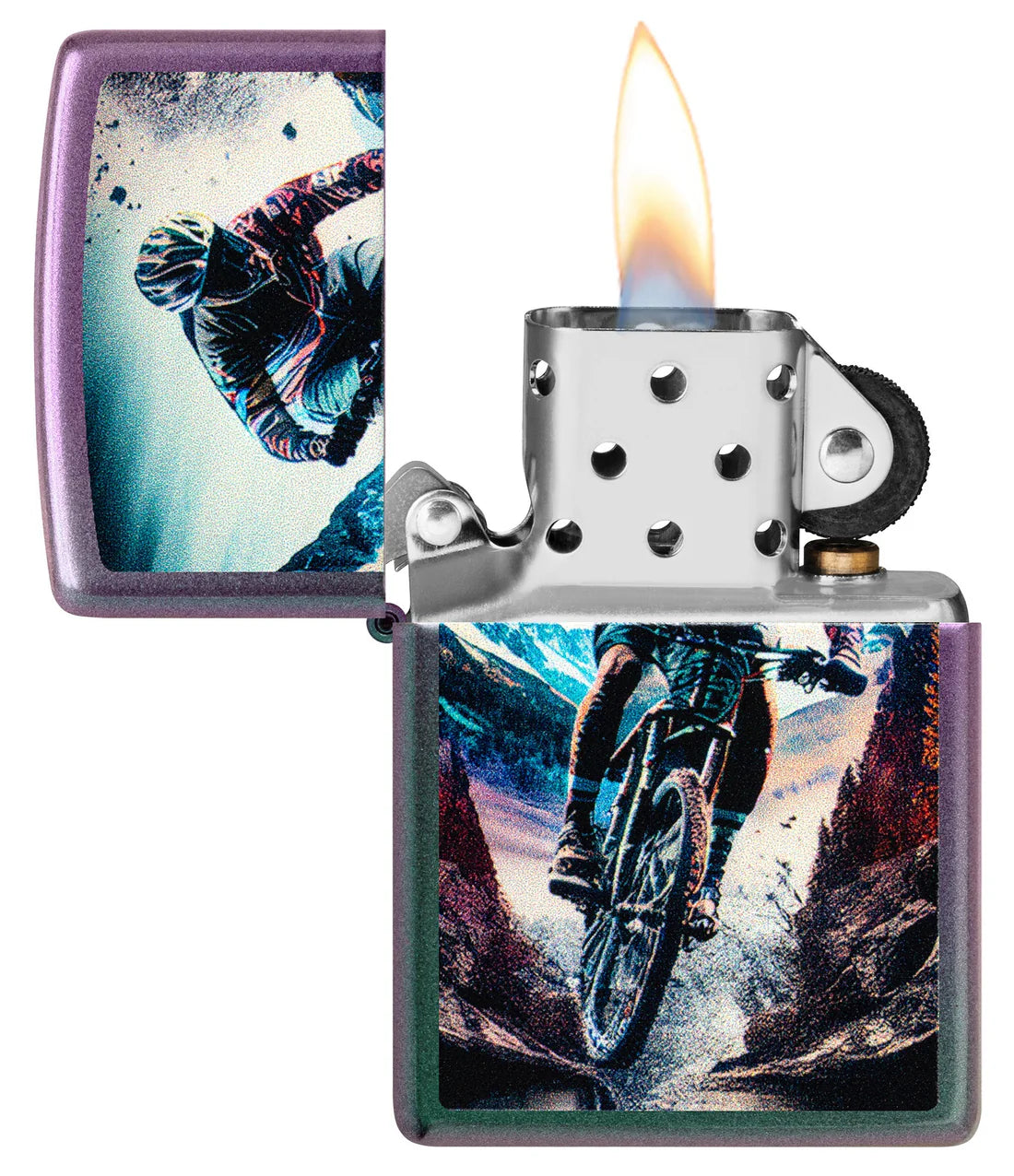 Zippo Feuerzeug geöffnet mit Flamme, Iridecent Gehäuse und Mountain Bike Motiv