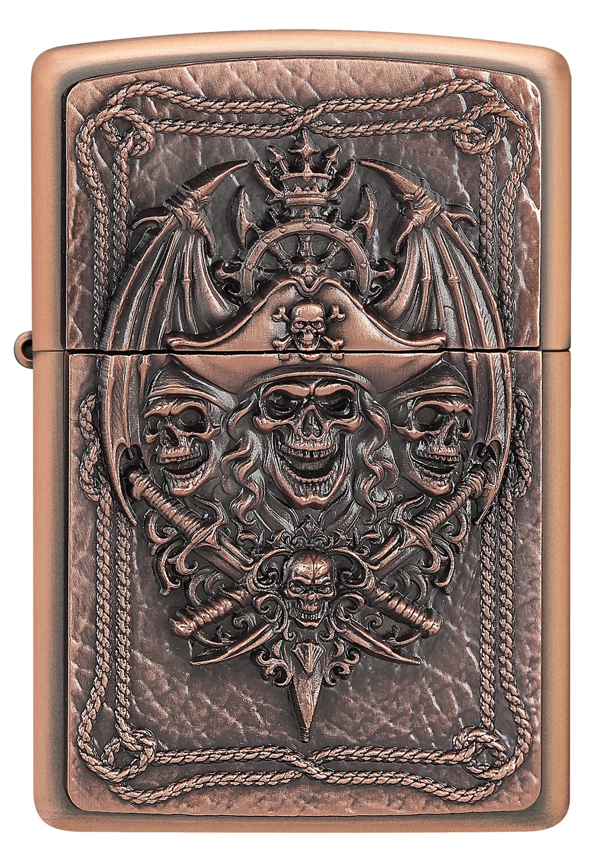 Zippo Pirat Limited Edition Frontansicht mit plastischem Emblem und antiker Bronze-Optik