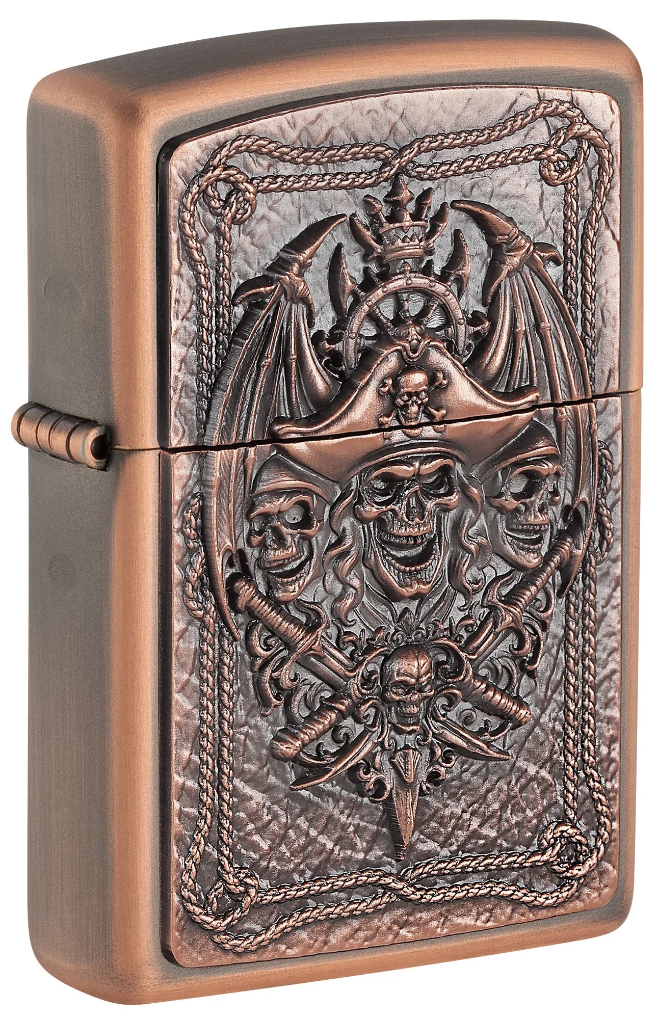 Zippo Pirat Limited Edition in Rustic Bronze mit Totenkopf-Emblem, Säbeln und Seilmotiv