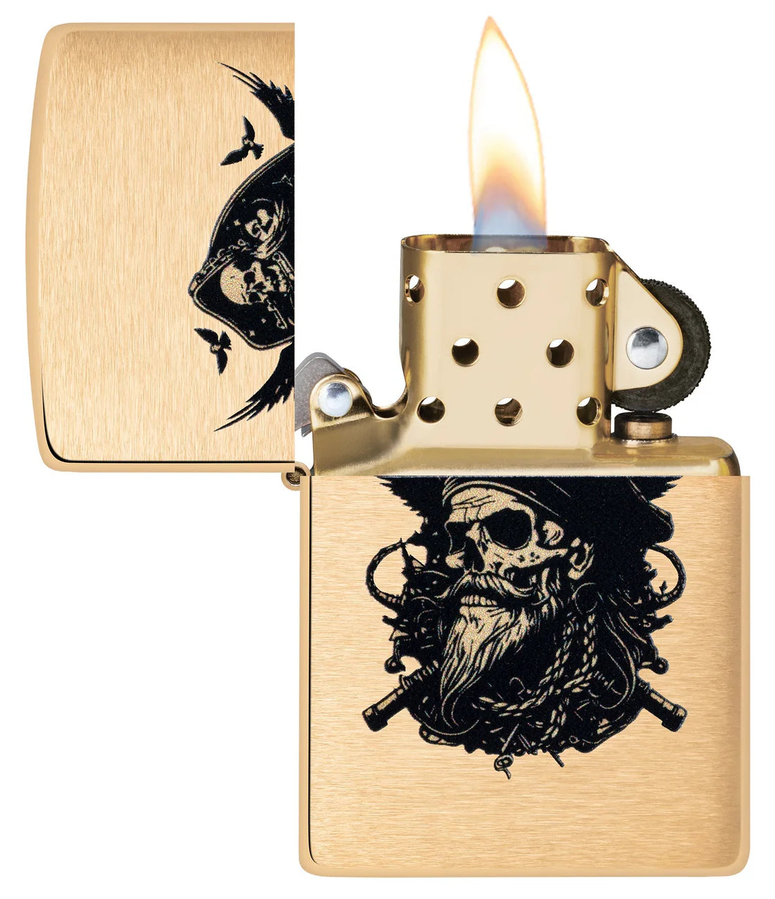 Zippo Feuerzeug Piraten Totenkopf geöffnet mit Flamme