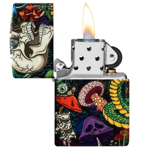 Geöffnetes Zippo Feuerzeug Modell mit Flamme und farbigem 540°-Artwork