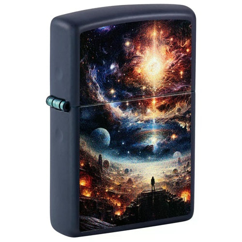 Navy blue matte Zippo  Modell mit farbigem Galaxie-Motiv auf der Front