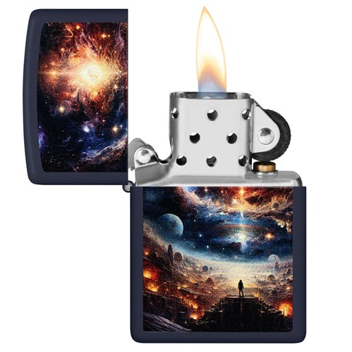 Geöffnetes Zippo-Feuerzeug-Modell mit sichtbarer Flamme und Galaxie-Design