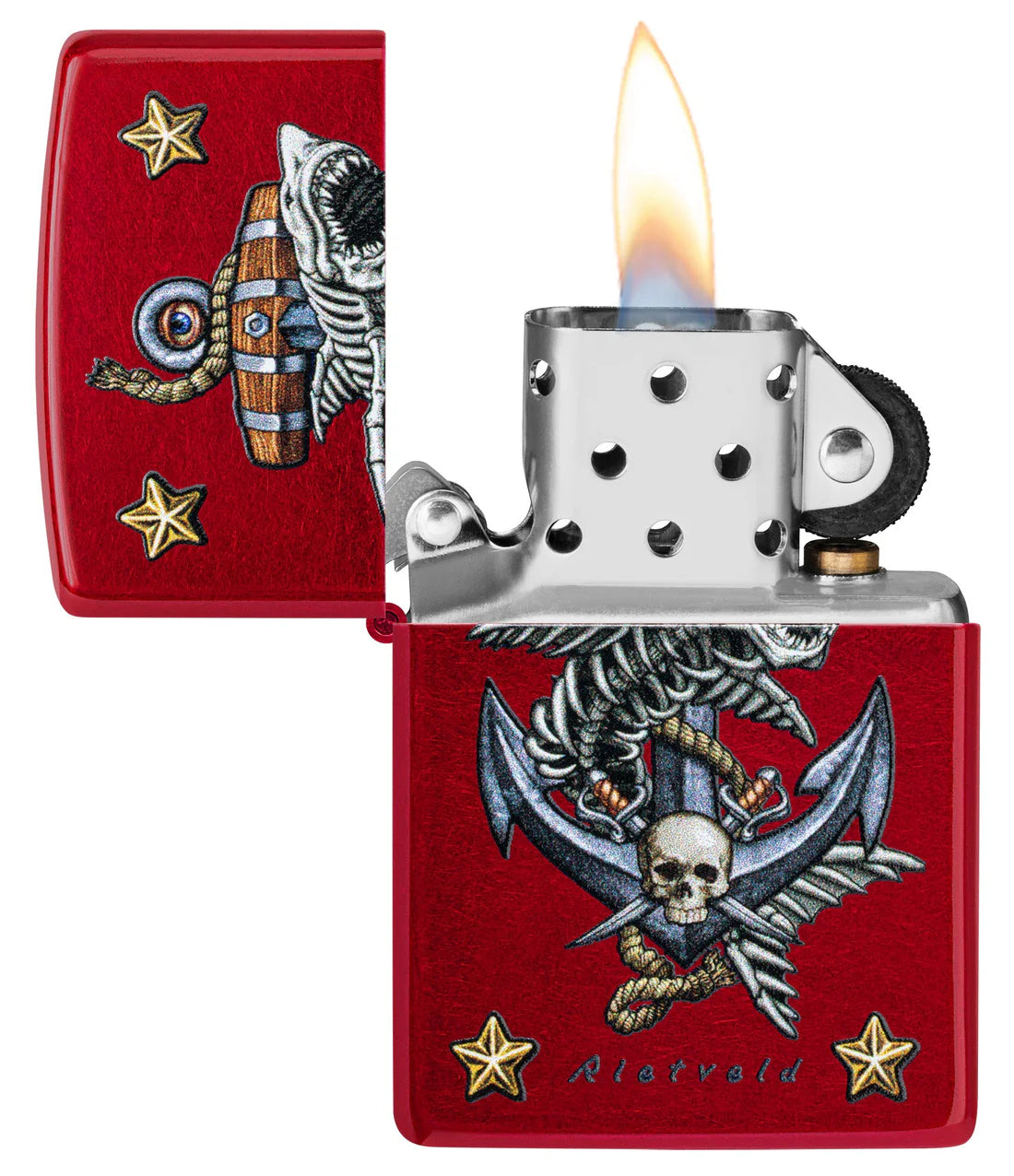 Offenes Zippo Benzinfeuerzeug mit Flamme und maritimem Motiv auf roter Oberfläche von Rietveld
