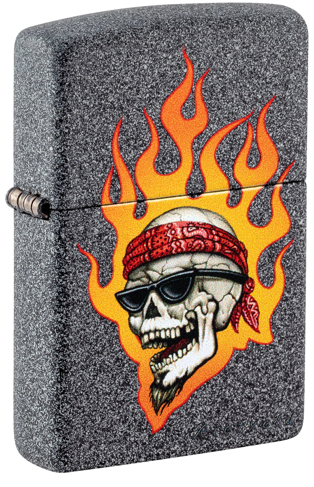 Zippo Iron-Stone-Feuerzeug mit Totenkopf, Bandana und Flammenmotiv
