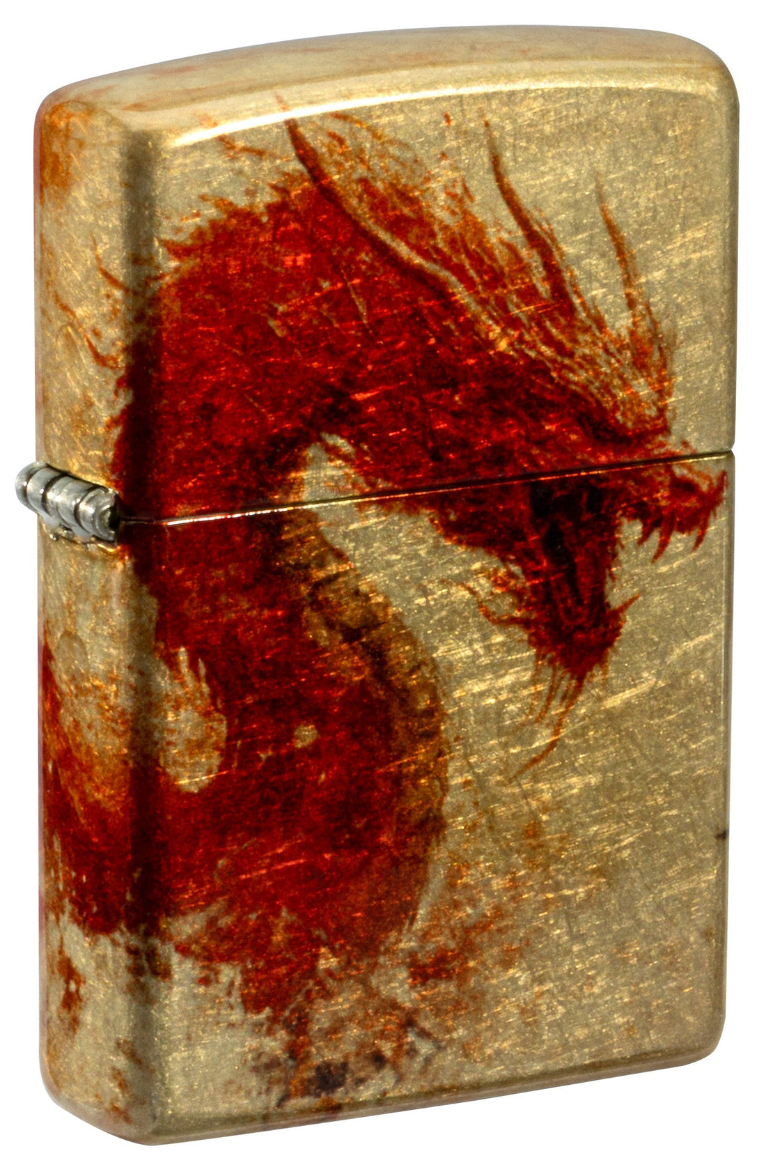Zippo Vorderansicht: roter Drache im Pinselstil auf tumbled Messing, dynamischer Kopf und Körper.