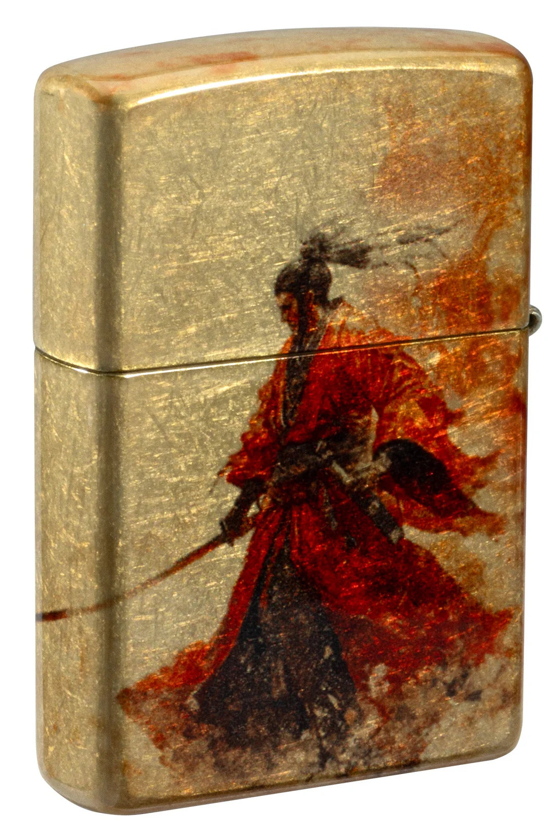 Zippo Rückansicht: Samurai-Figur mit roten Farbwirbeln auf warmem Messinghintergrund.