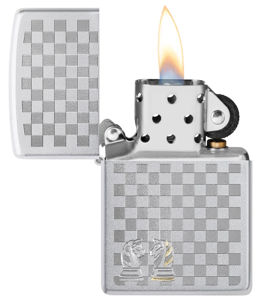 Offenes Zippo Feuerzeug mit zweifarbigem Design und brennender Flamme