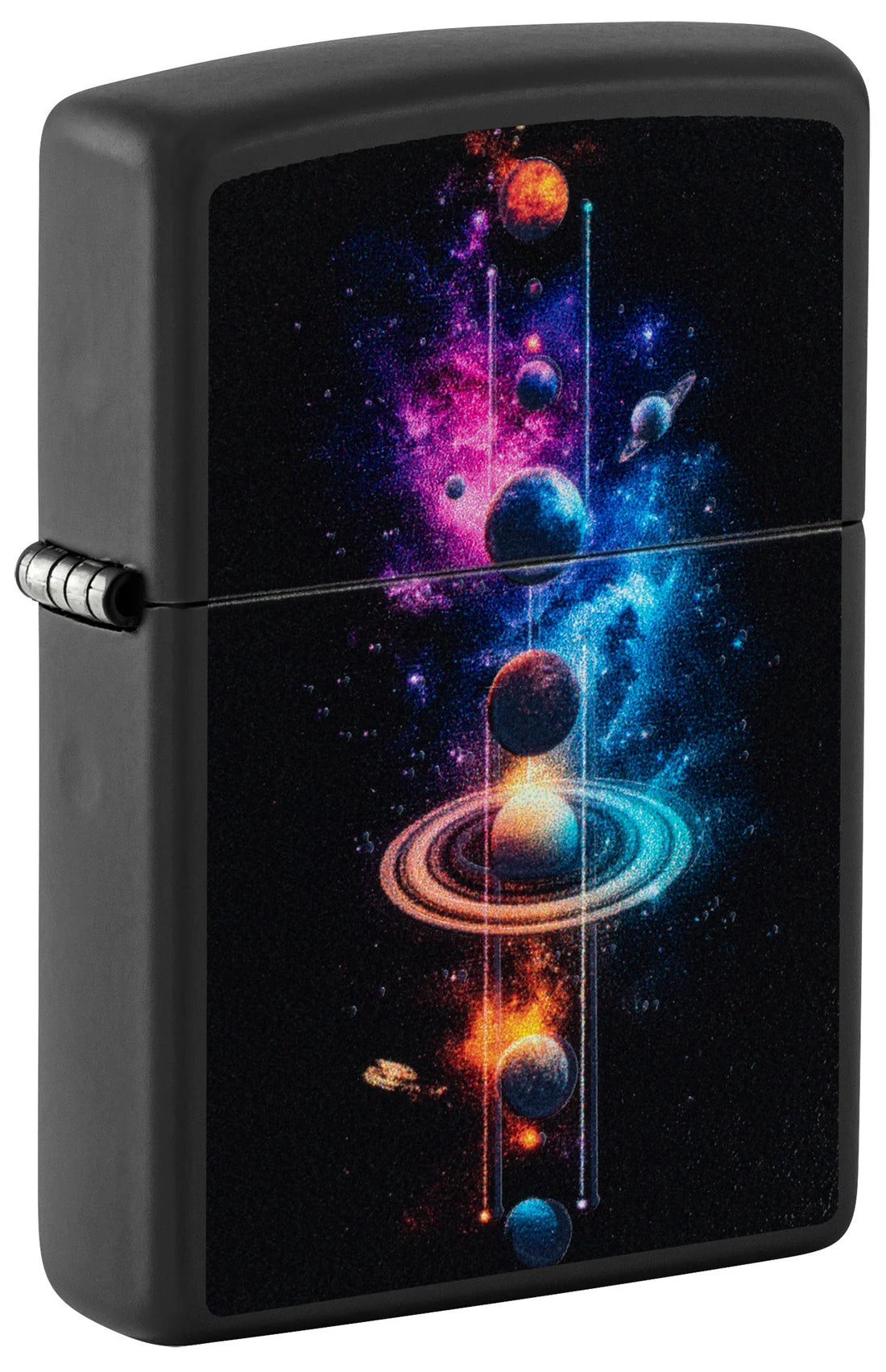 Schwarzes mattes Zippo Feuerzeug mit farbigem Planetenmotiv und Galaxie-Design