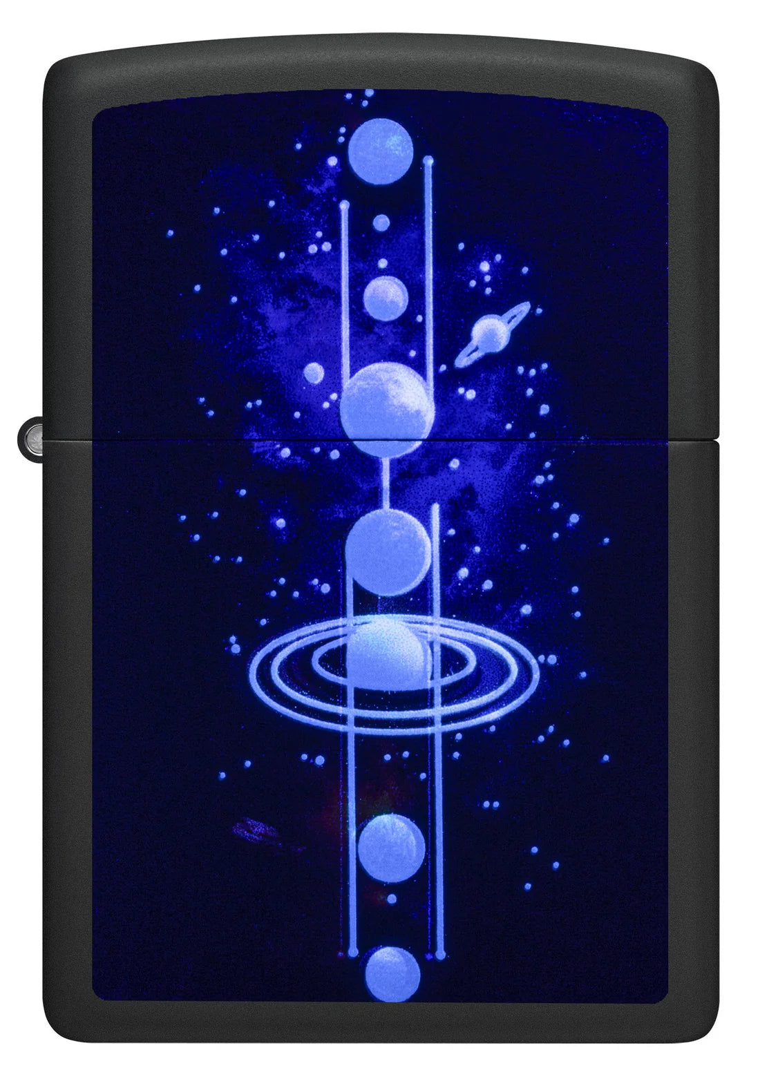 Planetenmotiv auf schwarzem Gehäuse mit Black-Light-Effekt in blauer Darstellung