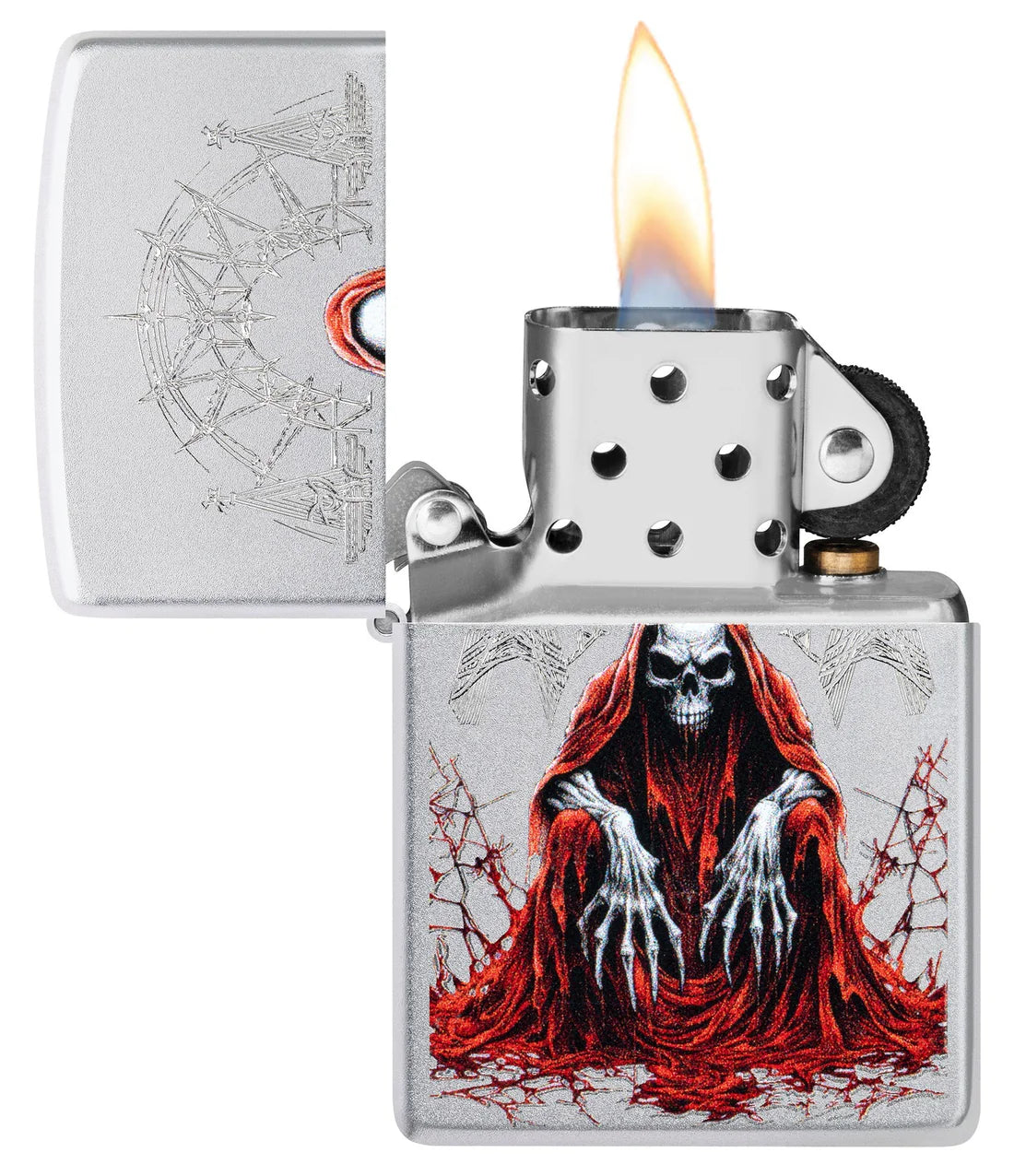 Zippo Feuerzeug Todesbote geöffnet mit Flamme