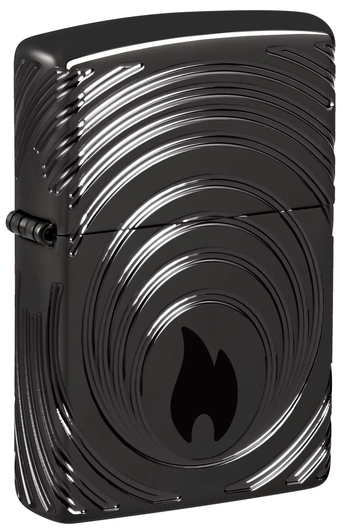 Zippo Spezialedition 2026 Frontansicht in High Polished Black mit konzentrischem Multi-Cut Muste