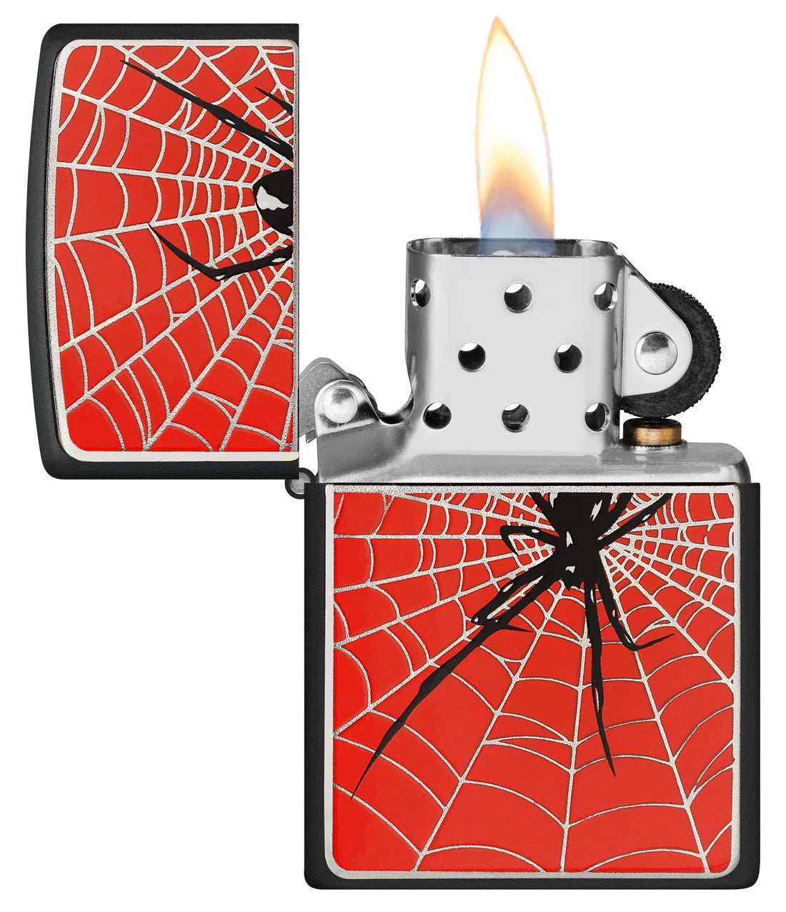 Zippo Feuerzeug Spinne Rot geöffnet mit Flamme
