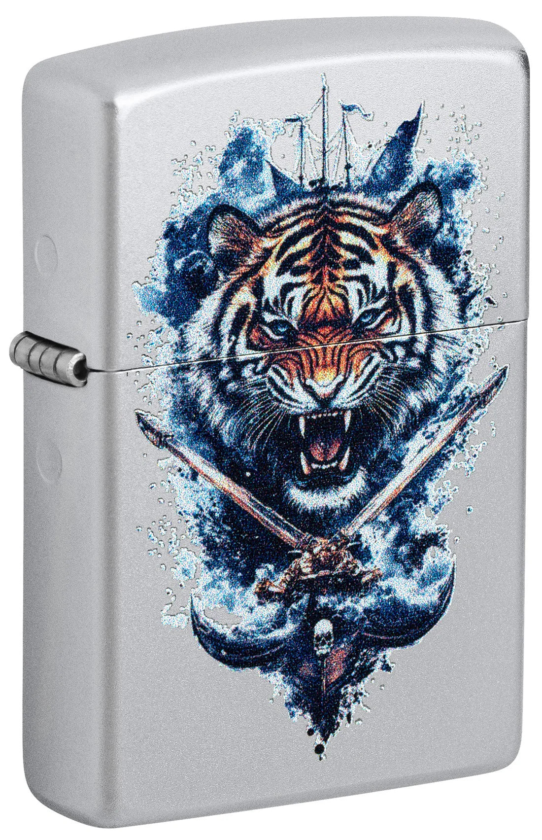 Zippo Satin-Chrome-Feuerzeug mit Tigerkopf über gekreuzten Schwertern