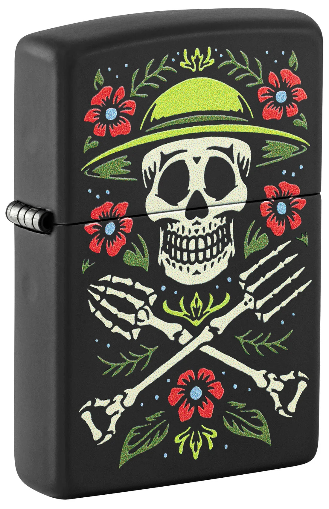 Matt schwarzes Zippo Feuerzeug mit Totenkopf, grüner Hut und Blumenmotiv in Farbe