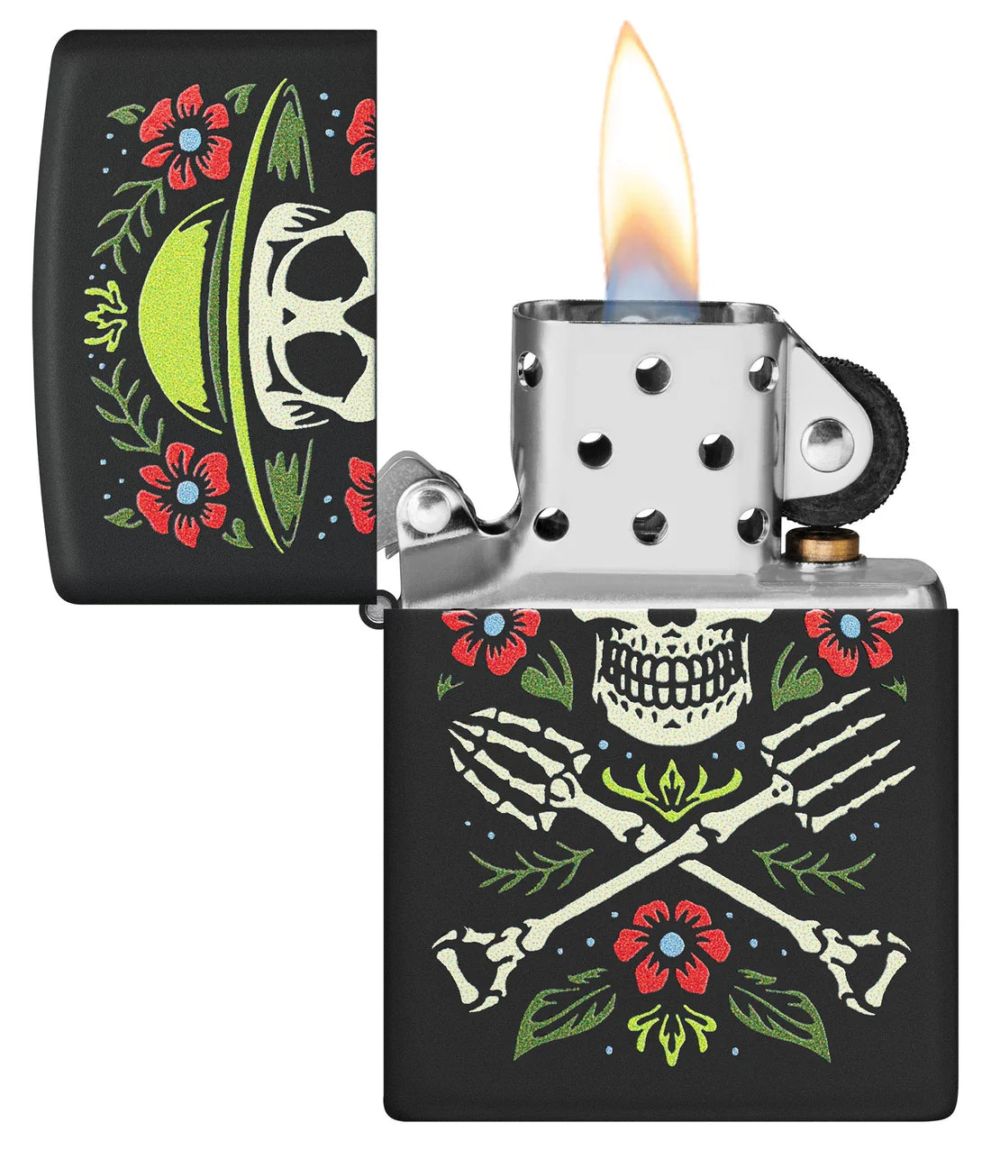 Offenes matt schwarzes Feuerzeug mit brennender Flamme und Totenkopf-Design