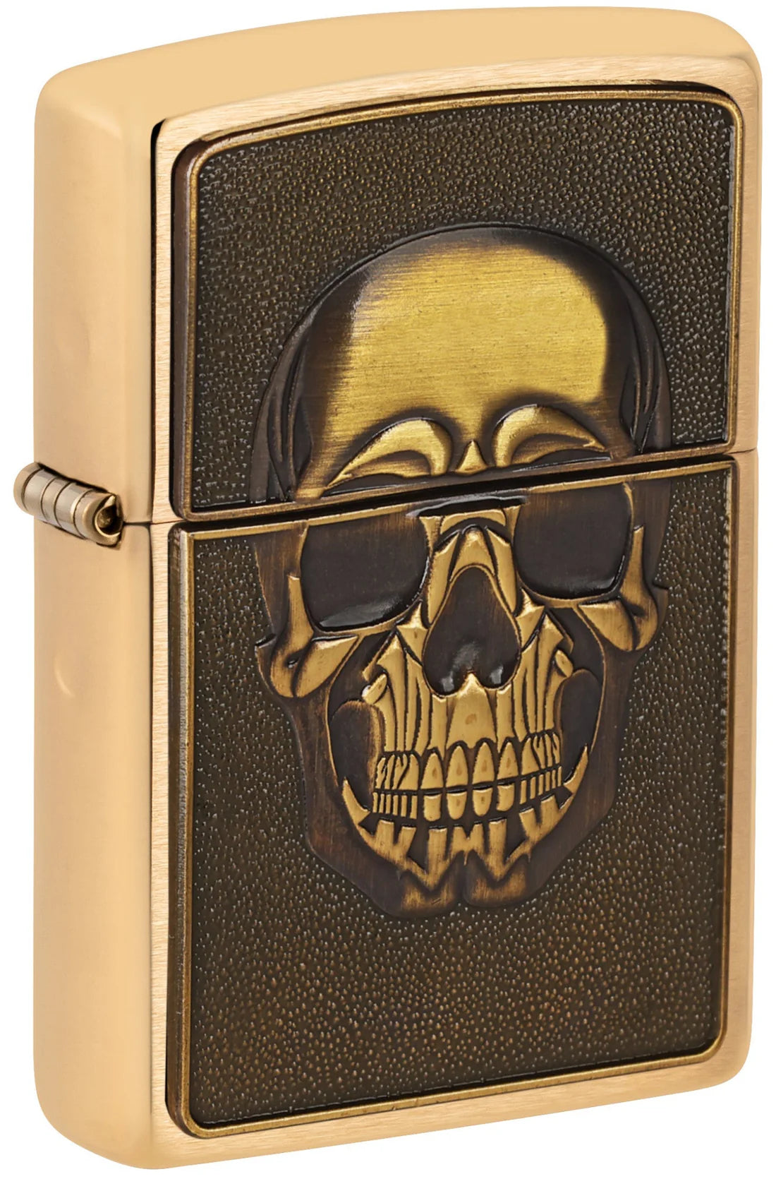 Zippo Feuerzeug mit Totenkopf Emblem in Brushed Brass geschlossen