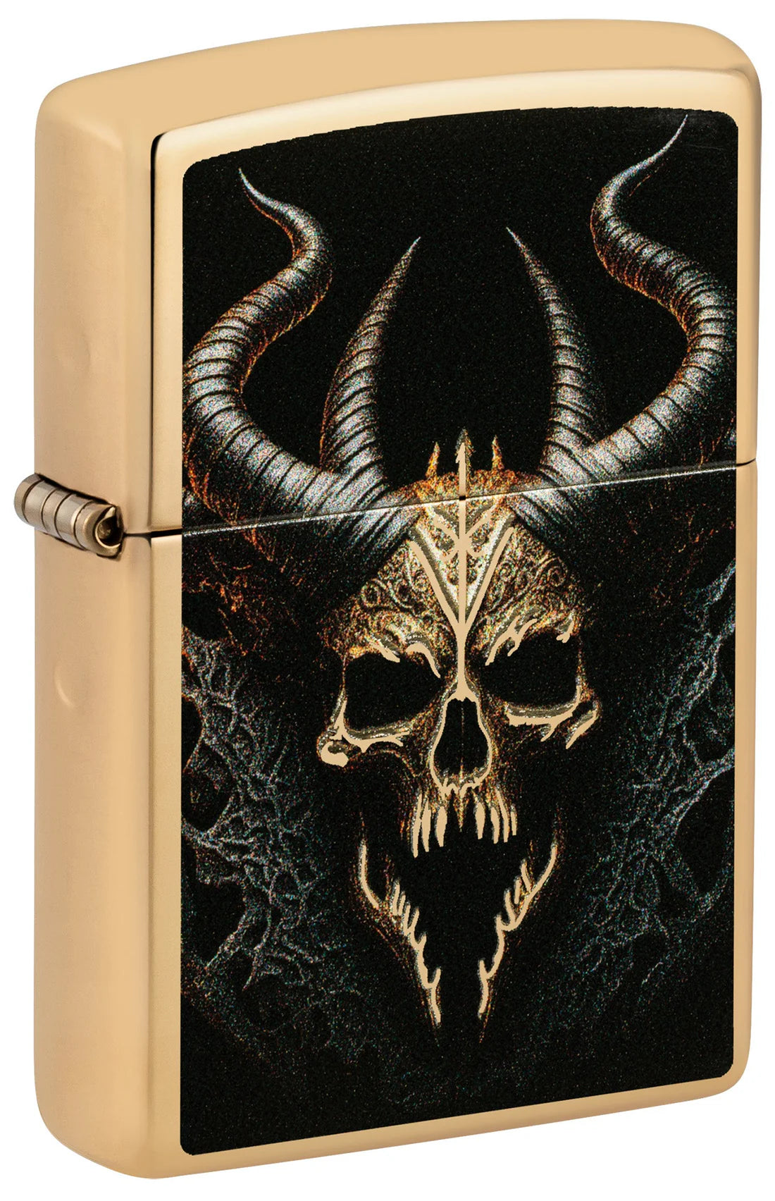 Zippo Feuerzeug in High Polished Brass mit Totenkopf-und-Hörner Motiv in Farbe