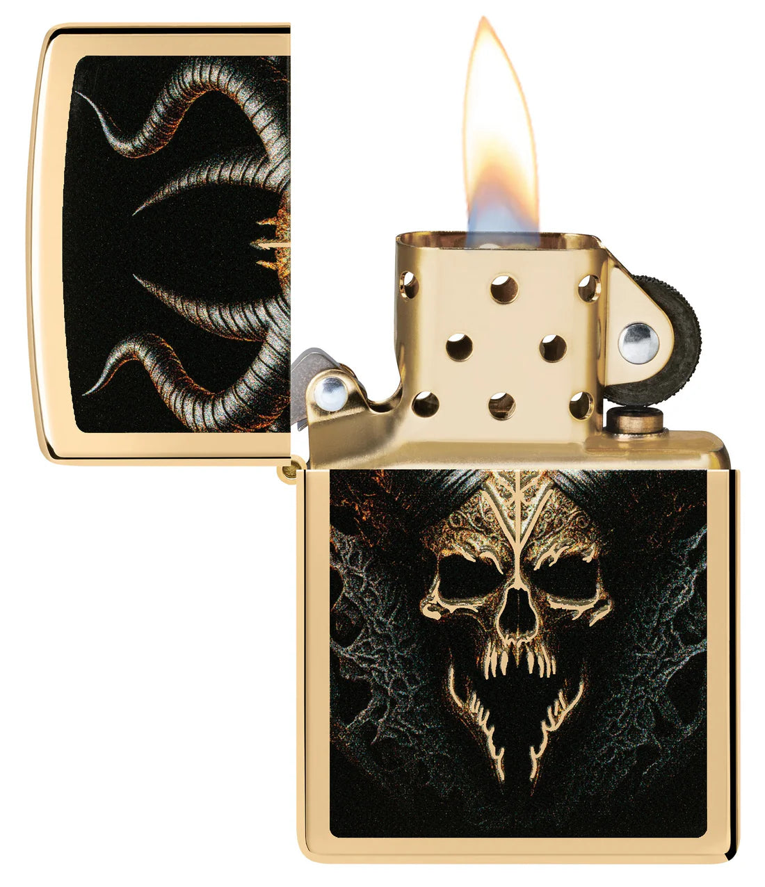 Zippo Feuerzeug geöffnet mit Flamme, Color-Image Totenkopf mit Hörnern auf der Front