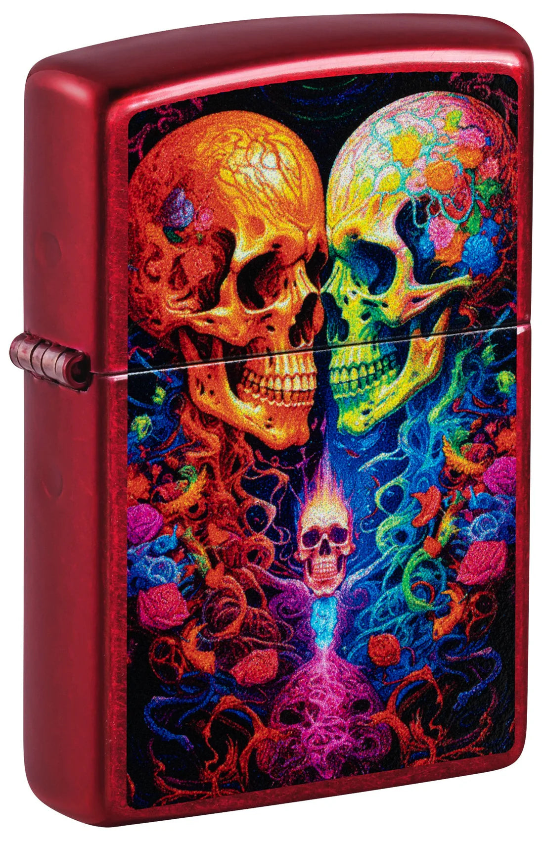 Candy Apple Red Zippo mit farbigem Motiv: zwei Totenköpfe als Paar, geschlossen
