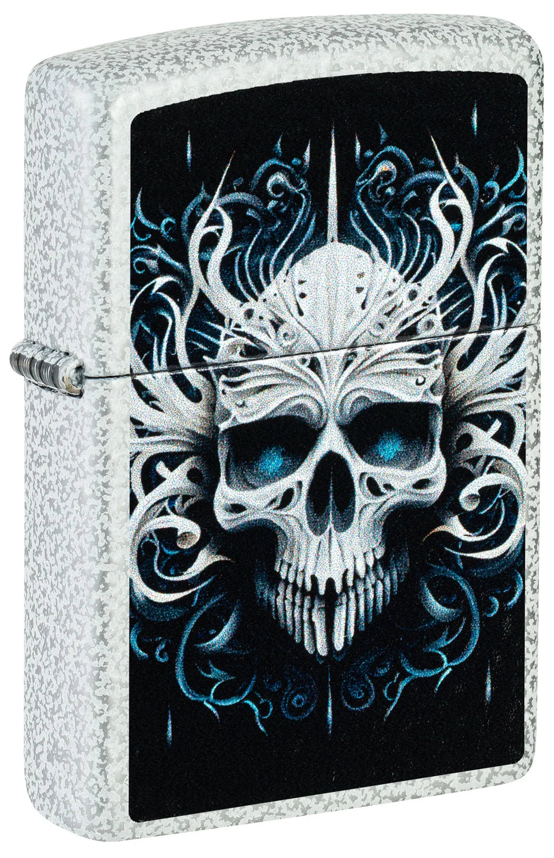 Zippo Feuerzeug mit hellem gesprenkeltem Finish und edlem Totenkopf Motiv, Frontansicht