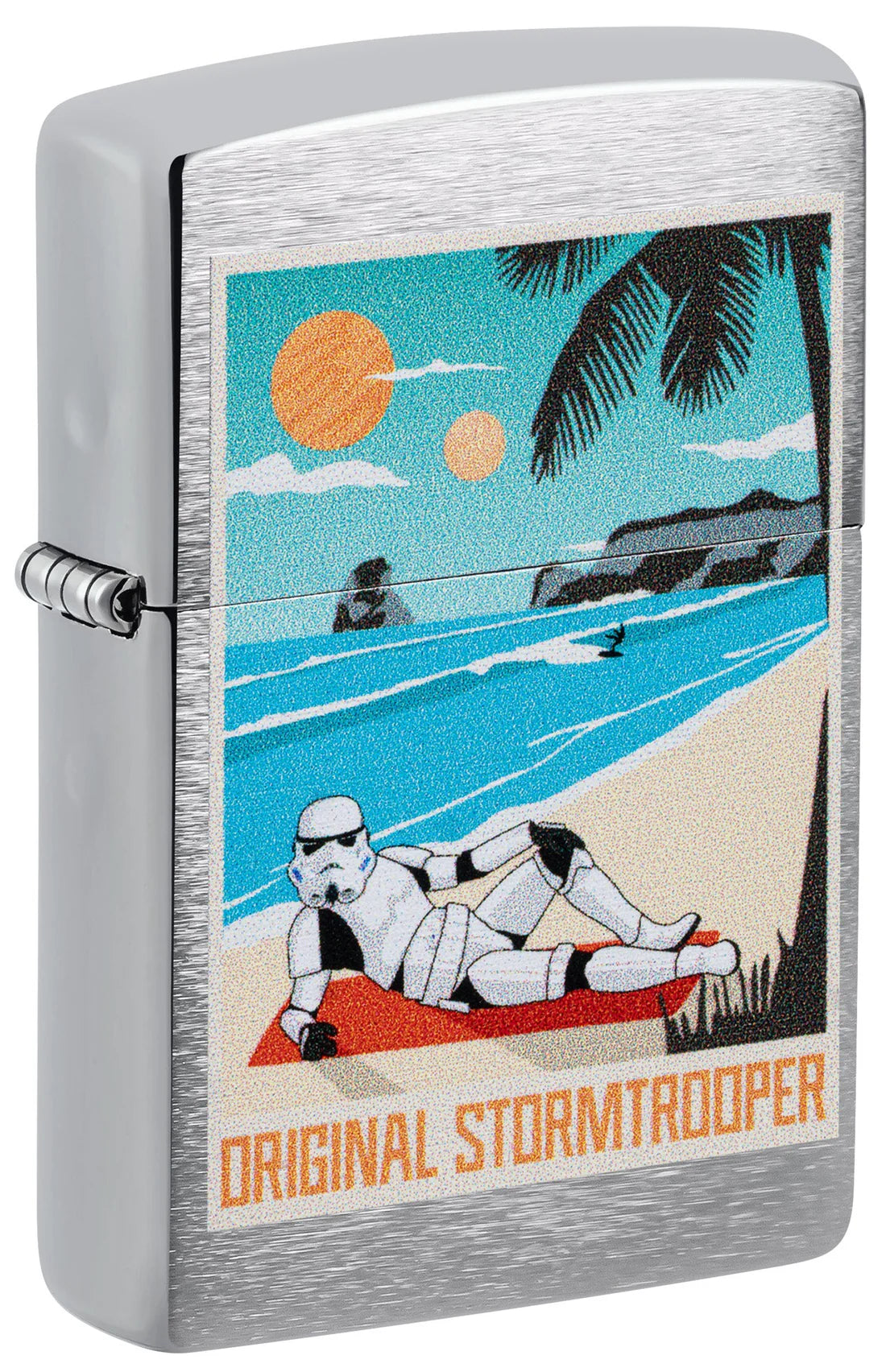 Zippo Feuerzeug mit Stormtrooper Beach Motiv auf Chrome Brushed Oberfläche