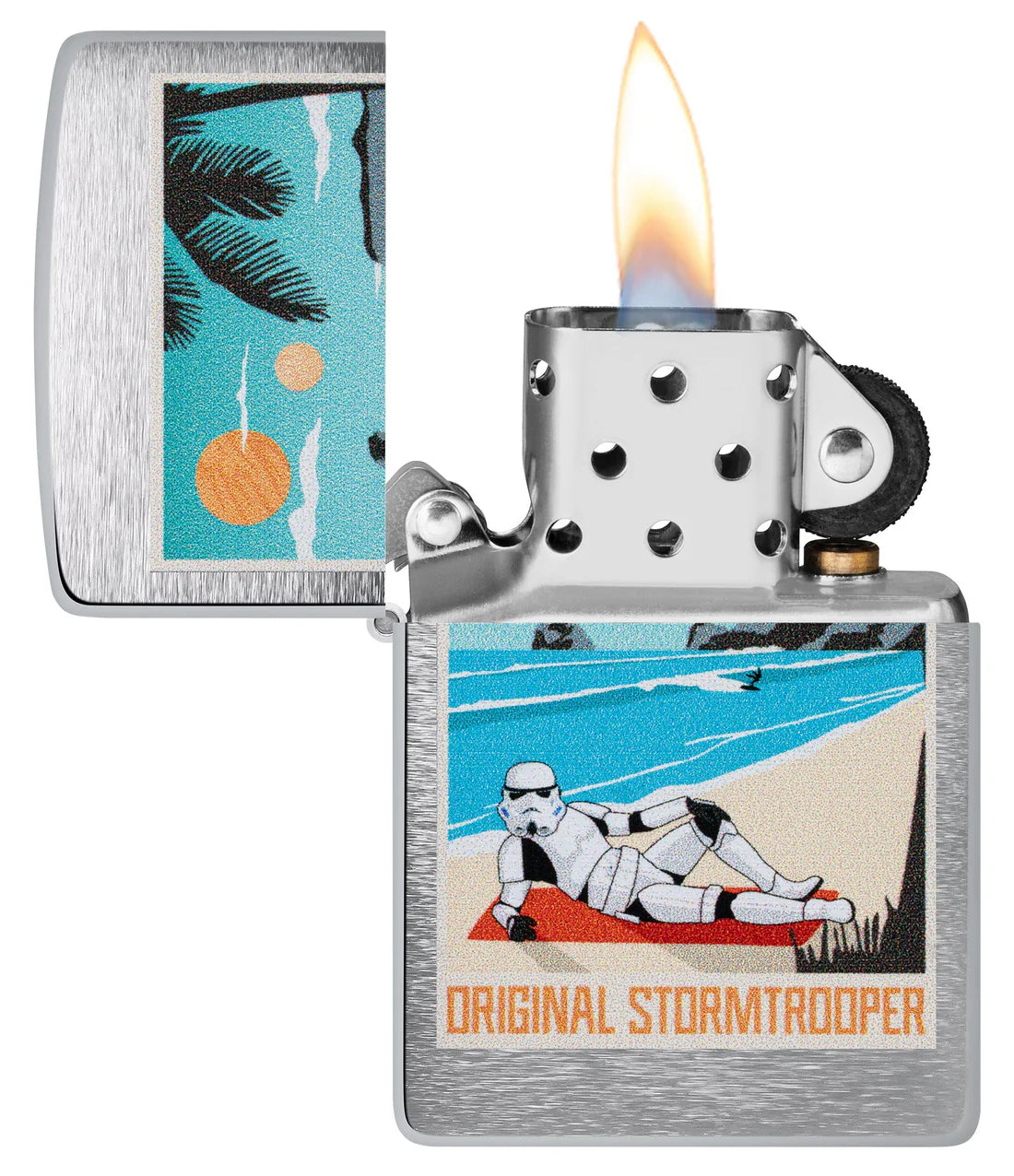 Geöffnetes Zippo Feuerzeug mit Stormtrooper Beach Design und Flamme
