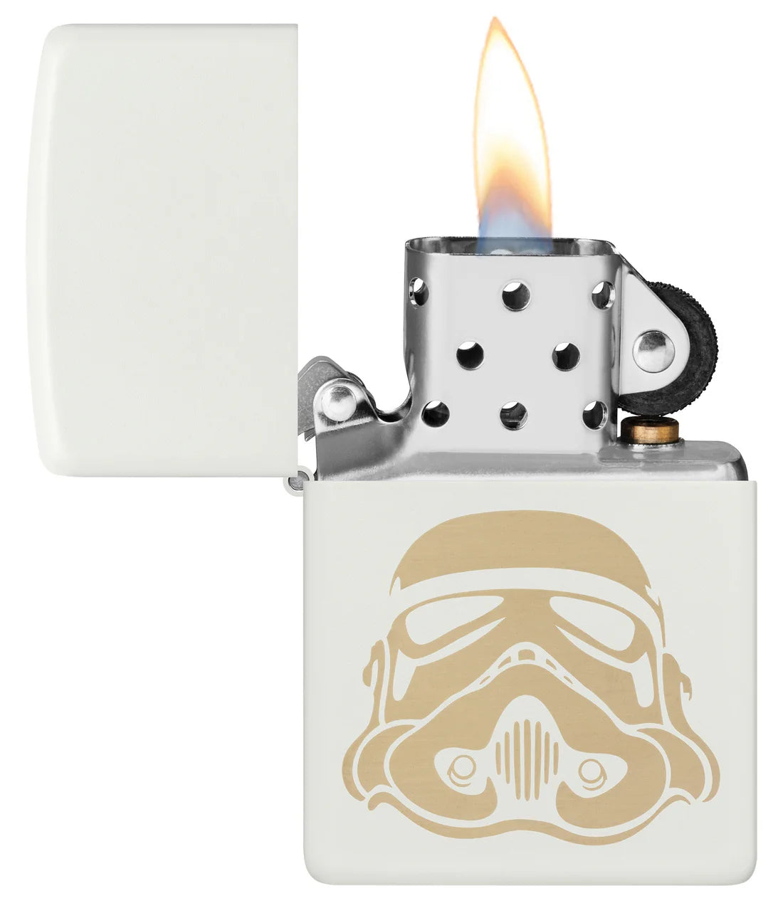 Geöffnetes Zippo Feuerzeug in White Matte mit Stormtrooper Helm und Flamm