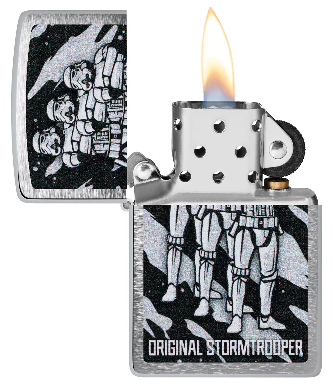 Geöffnetes Zippo Feuerzeug mit Stormtrooper Design und sichtbarer Flamme