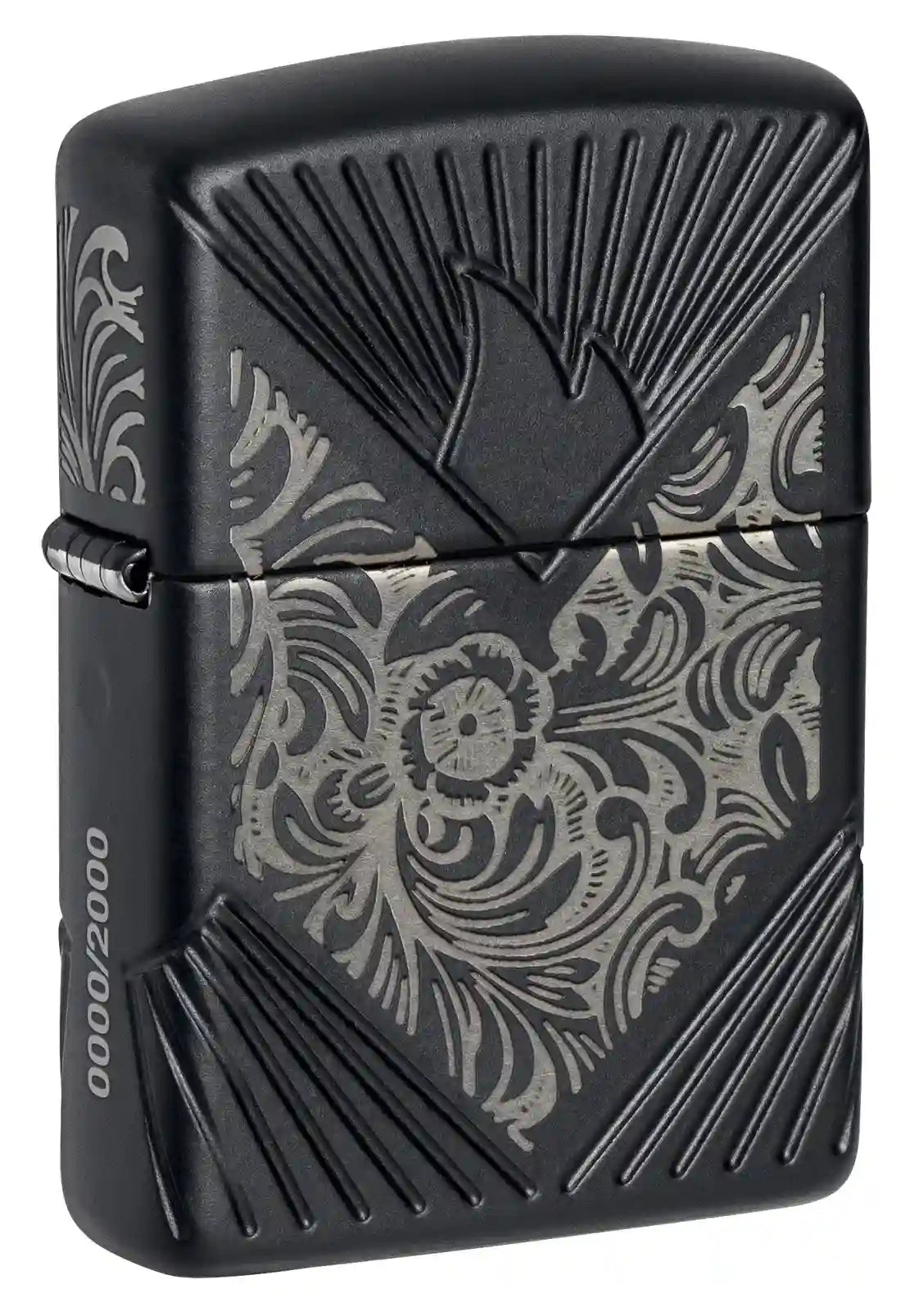 Limitierte Edition des Zippo-Benzinfeuerzeugs in mattem Schwarz mit detailreicher venezianischer Gravur.