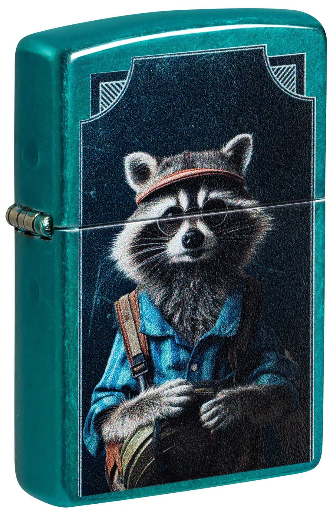 Zippo Feuerzeug in Candy Teal mit Waschbär Motiv und Brille, Frontansicht