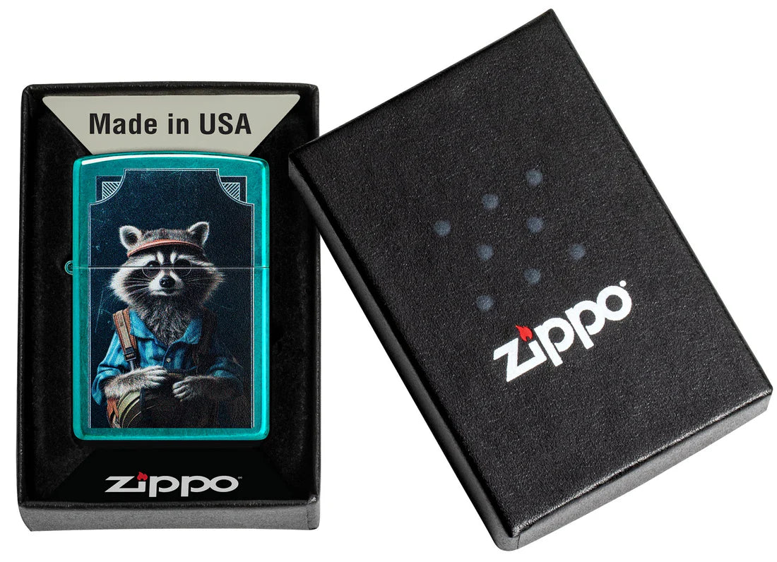Zippo Feuerzeug in Geschenkverpackung one box, Zippo Box mit Waschbär Design sichtbar