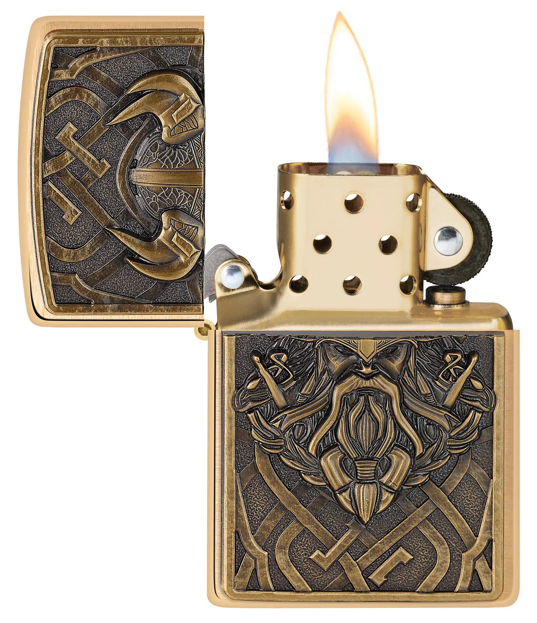 Offenes Zippo Viking mit Flamme und Emblem