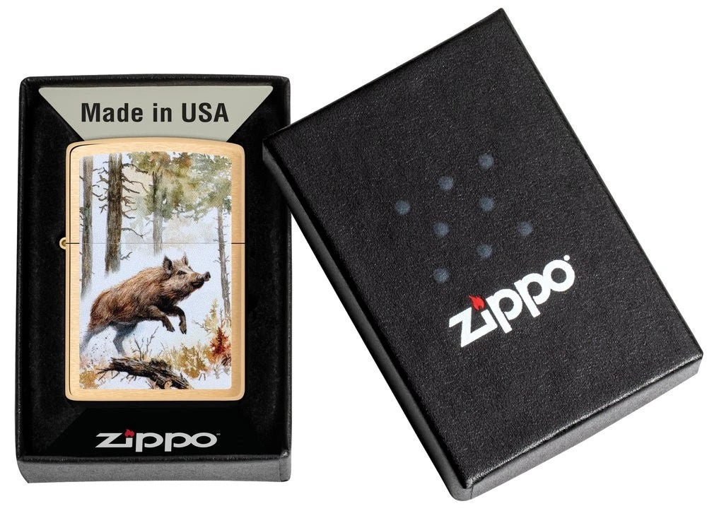 Zippo Feuerzeug Wildschwein Brushed Brass in Geschenkbox